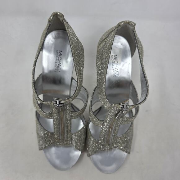 Michael Kors Silver Glitter T-Strap High Heel Sandals Womens Size 7 - Picture 4 of 8